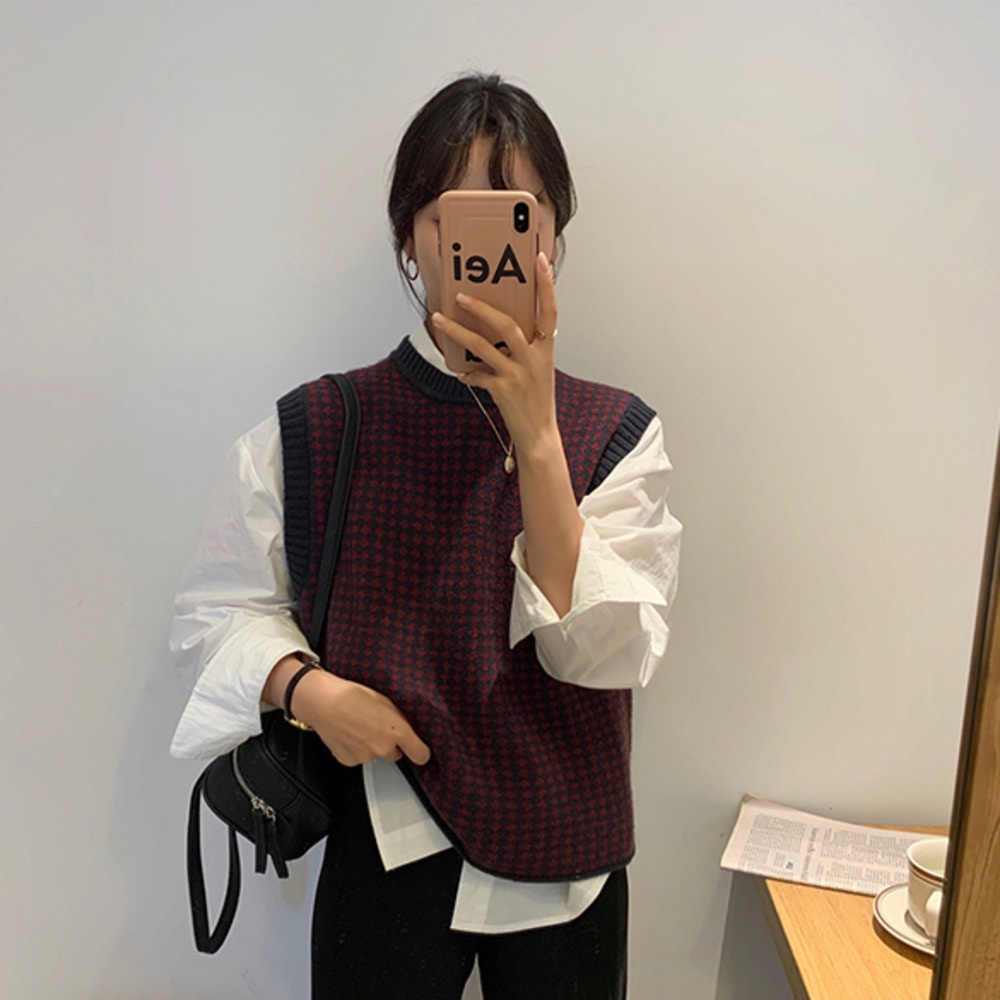 Áo Khoác Len Không Tay Cổ Tròn Dáng Rộng Màu Sắc Retro Hàn Quốc