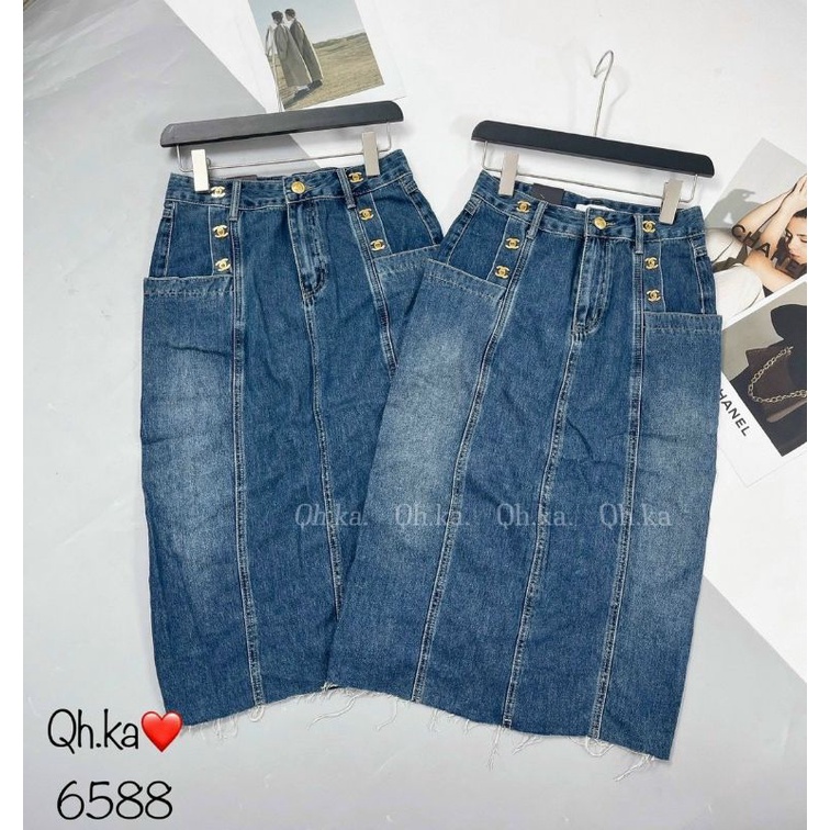 Chân váy jeans dài đính chữ x hàng QCL1
