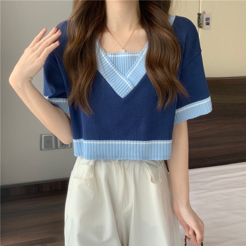 SUXI Áo Thun Dệt Kim Tay Ngắn Cổ Chữ V Dáng Rộng Màu Sắc Tương Phản Thời Trang Mùa Hè Dành Cho Nữ