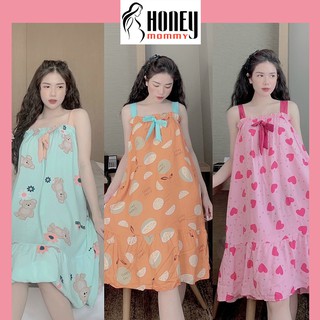 Váy Lanh 2 Dây Chun Ngực Họa Tiết Dễ Thương Bà Bầu Mặc Thoải Mái Mùa Hè Chất Mát HD1806 Honey Mommy Đầm Lanh Bầu