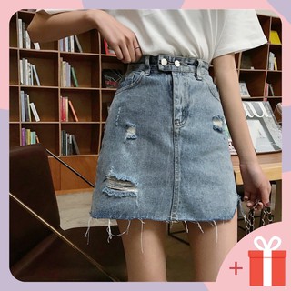 Chân váy jean rách chữ A ngắn WANAWEAR cạp 2 cúc xinh xắn chất bò mềm đẹp màu xanh