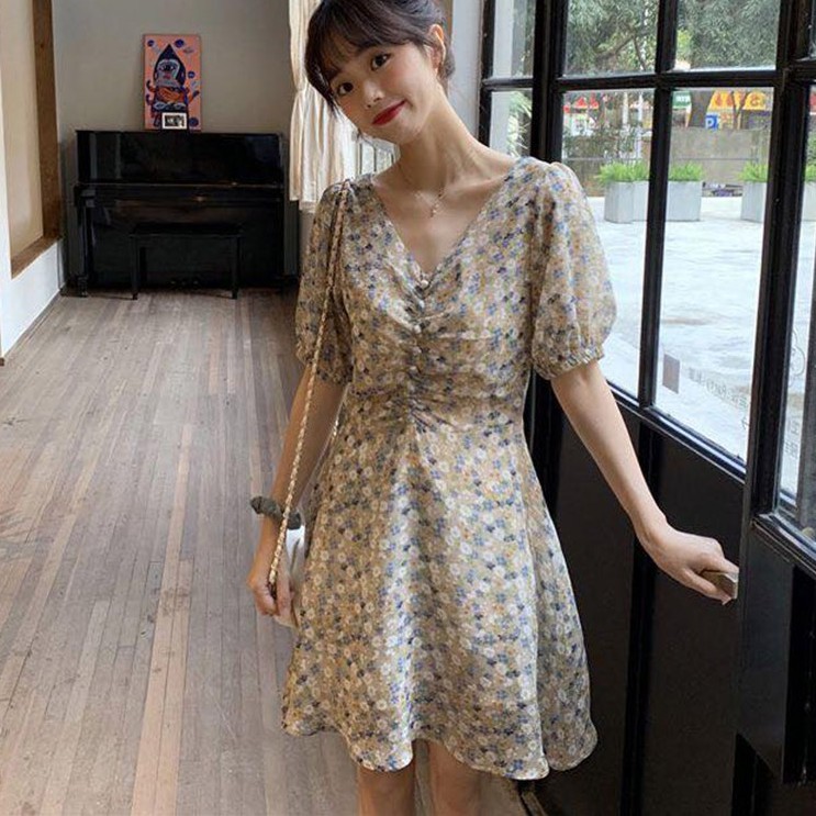 Đầm nữ đi chơi dự tiệc hoa nhí tay ngắn chất vải voan lụa mềm xanh hồng trắng | BigBuy360 - bigbuy360.vn