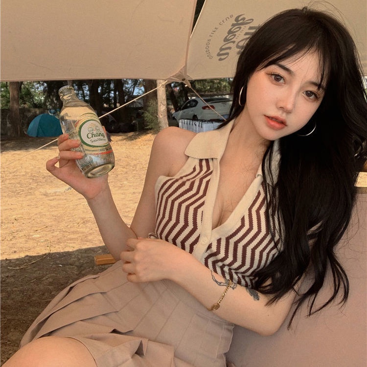 European and American sling vest women's dress in summer hot girls with a short back with a knitted top inside and outside