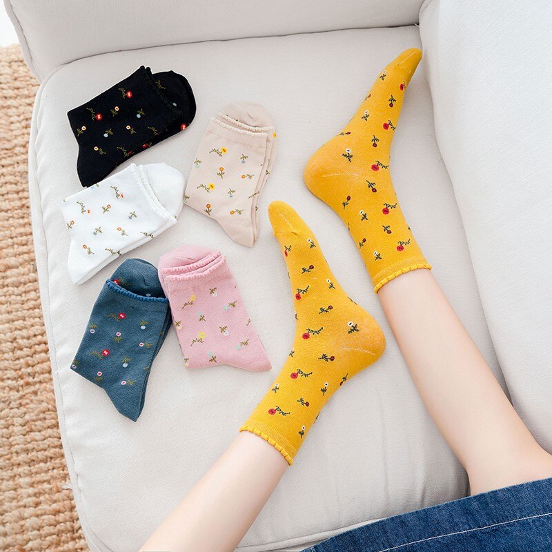 Tất cotton dệt kim ấm áp họa tiết bông hoa màu sắc ngọt ngào giản dị thời trang sinh viên Hàn Quốc