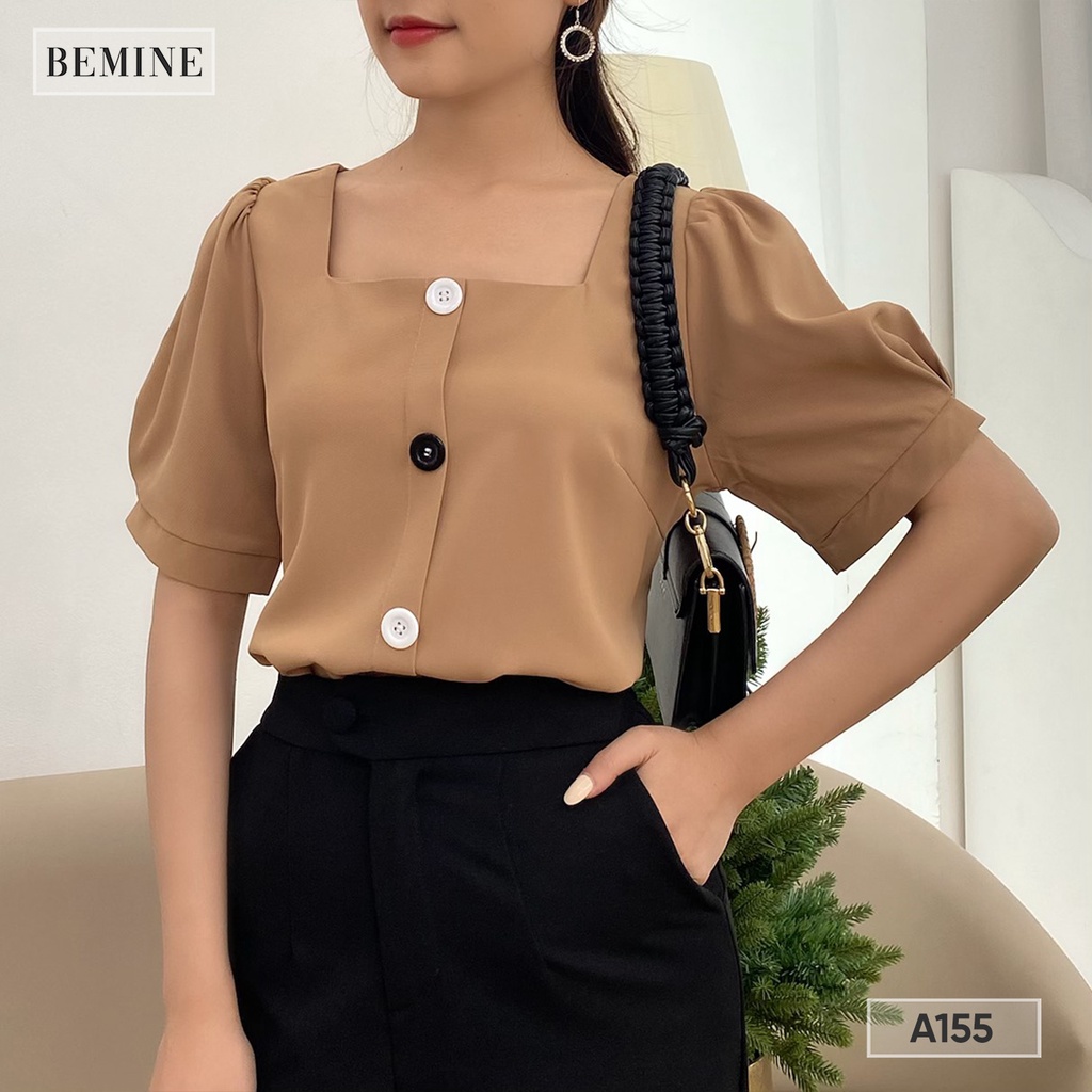 Áo sơ mi công sở nữ cổ vuông tay bồng nút phối thanh lịch BEMINE A155NAU