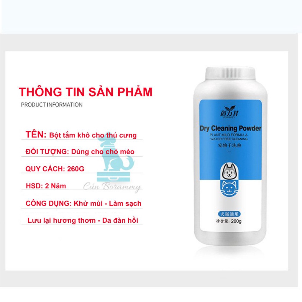 [Mã PET50 giảm 10% - tối đa 50K đơn 250K] Bột tắm khô cho thú cưng chó mèo Borammy - Phấn tắm khô cho chó mèo 260g