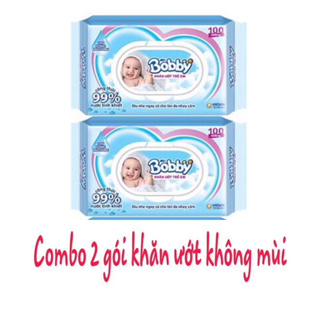 Set 2 gói khăn ướt Bobby không mùi 100 miếng