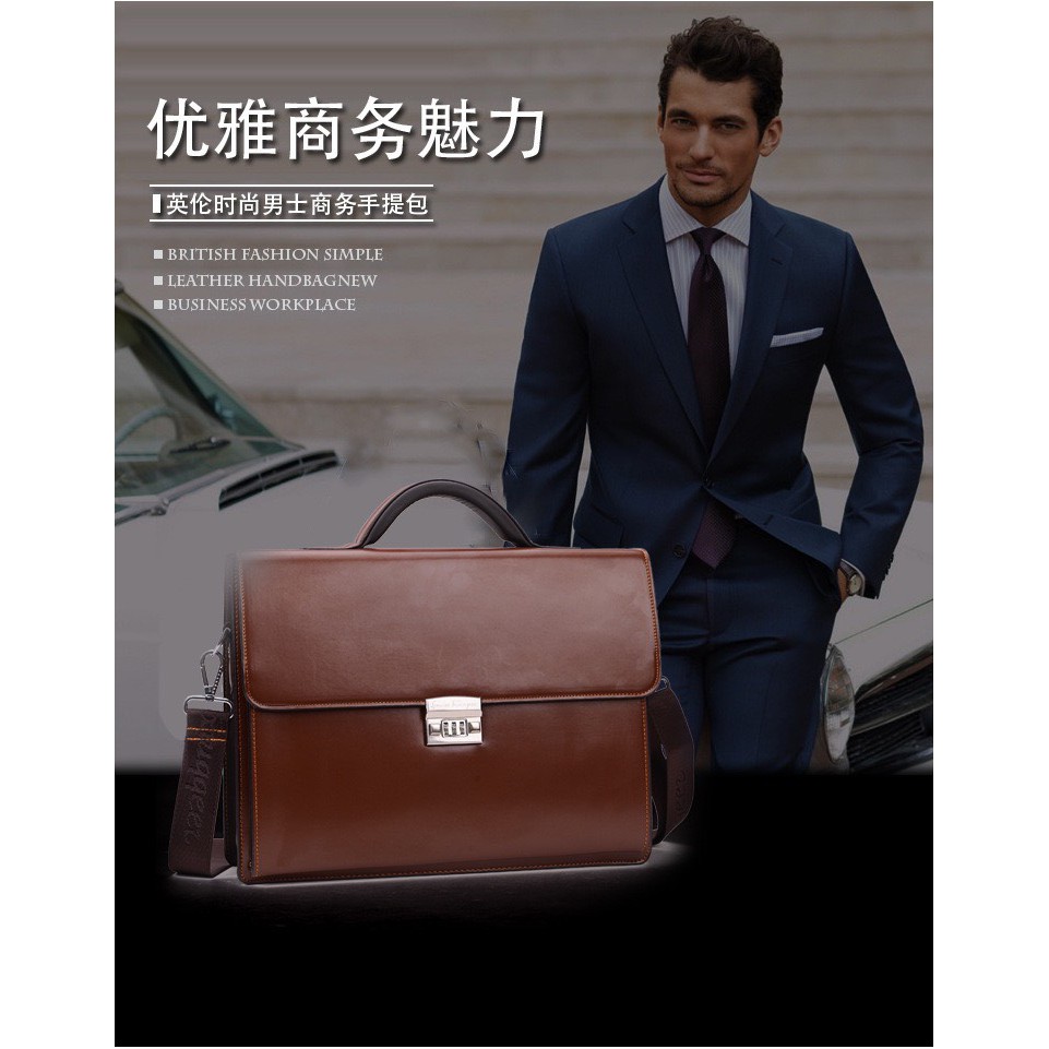 Túi Xách - Cặp da đựng laptop 14 inch. Túi xách công sở khóa số (DA BÒ, size: 39x30x10cm.Nâu-Đen) | BigBuy360 - bigbuy360.vn