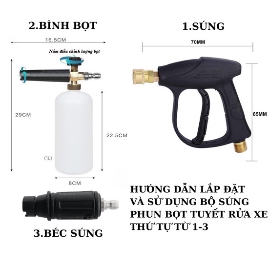 Bộ súng xịt rửa xe và bình tạo bọt tuyết cao cấp cho máy rửa xe áp lực cao, máy xịt rửa (Ren ngoài 22mm và 14mm)