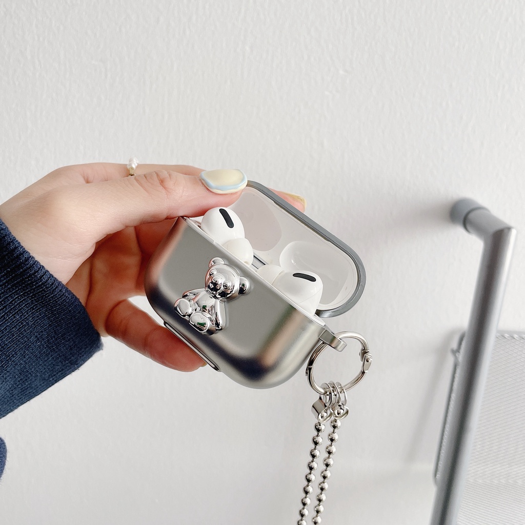 Vỏ bọc TPU mềm nhám bảo vệ hộp sạc tai nghe Airpods 1/ 2 pro 3 mới mạ bạc họa tiết gấu dễ thương