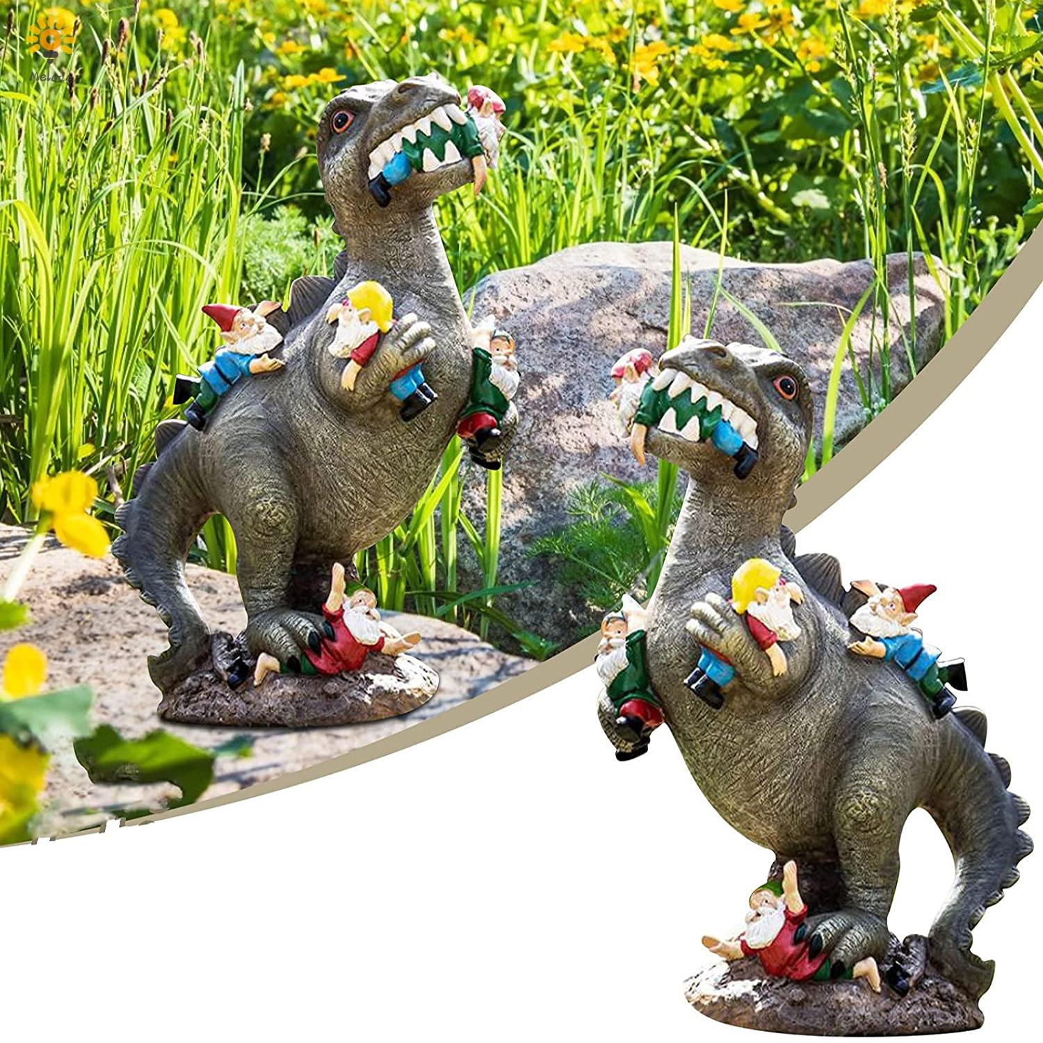 MELODG Funny Garden Statue Indoor Outdoor Gnomes Statue Dinosaur Eating Gnomes Patio Lawn Art Decor Creative Cartoon Photo Props Yard Sculpture