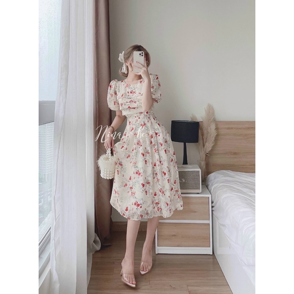 Đầm váy nữ maxi cổ tròn họa tiết hoa dễ thương phối chingfon 2 lớp trẻ trung sang trọng thanh lịch siêu xinh