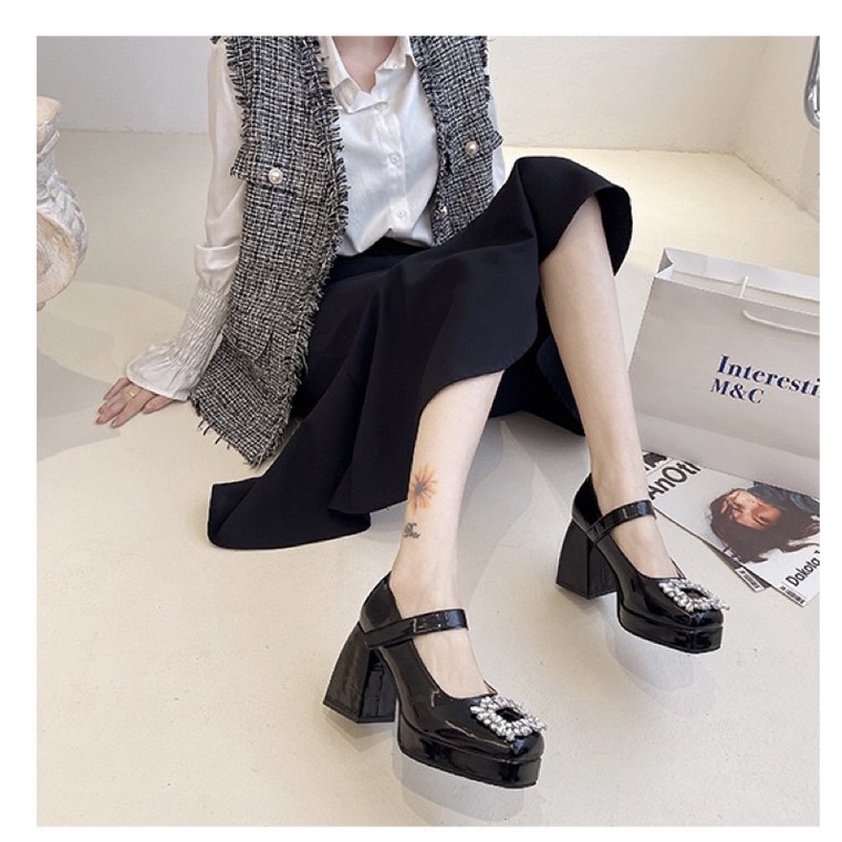 Sẵn hàng _ Giày cao gót nữ quai dán đế trụ đính đá siêu xinh