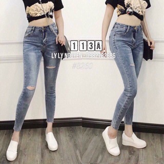 Quần bò cạp cao rách gấu siêu co giãn