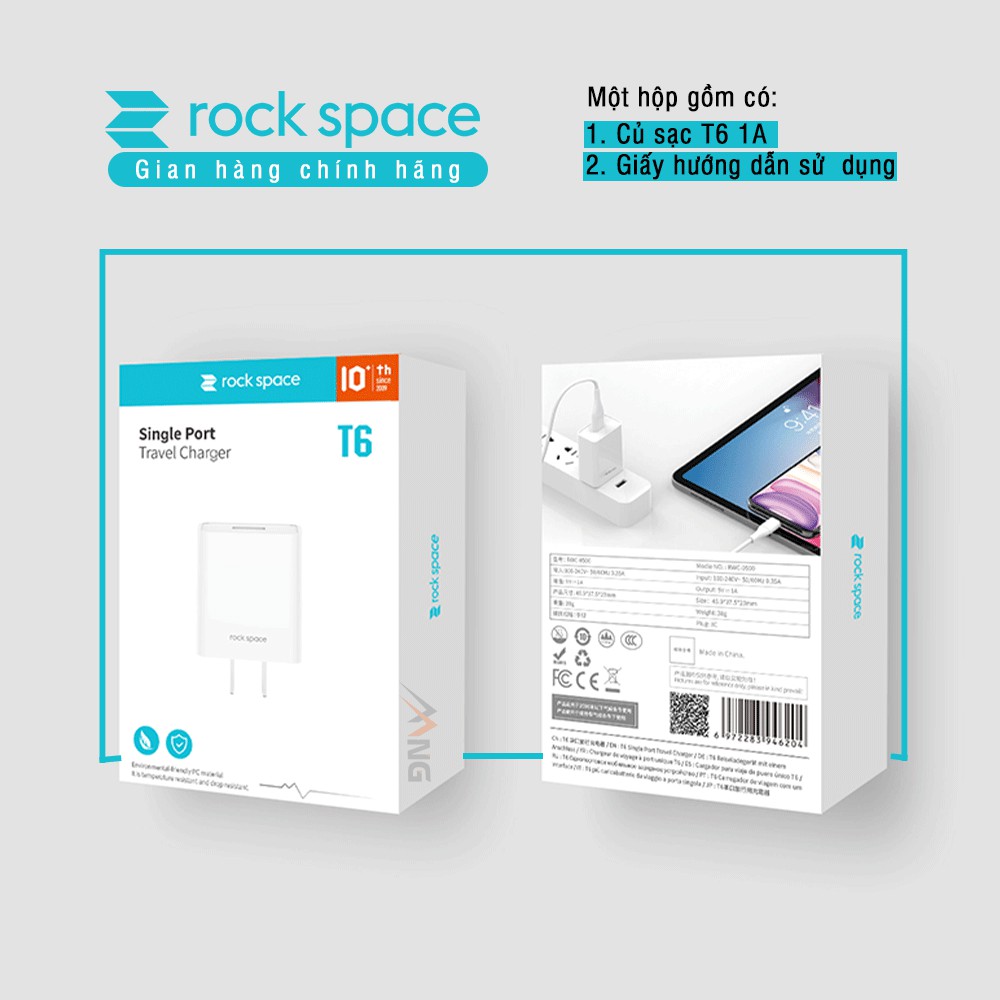 Củ sạc nhanh cho iphone, Samsung Rockspace T6 1A 1 cổng USB, chân dẹt, ổn định, không nóng hàng chính hãng BH 1 năm