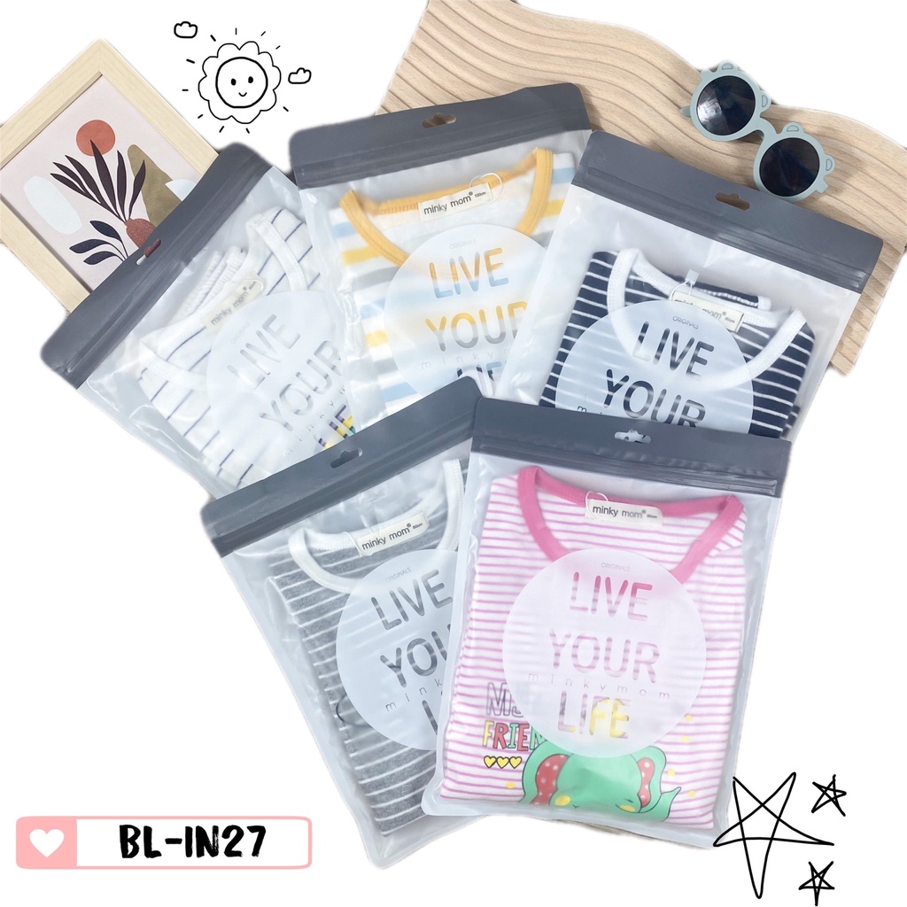 Bộ Ba Lỗ COTTON HÀN MINKY MOM Vải Sọc Bo Viền In Hình Dễ Thương Cho Bé BL-IN27