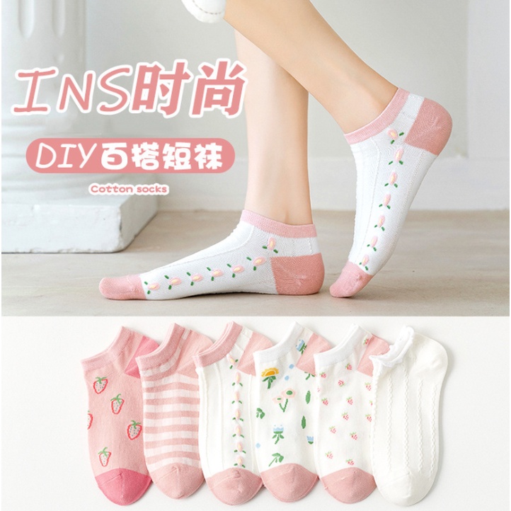 Vớ cotton phối các họa tiết hồng đáng yêu ngọt ngào cho nữ