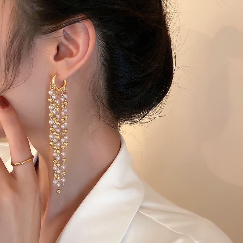 Khuyên Tai Tua Rua Dài Đính Ngọc Trai Sang Trọng Thời Trang Cho Nữ