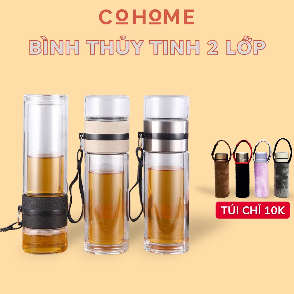Bình pha trà 2 lớp chịu nhiệt cao cấp, bình thủy tinh có lõi lọc inox 304, quai cầm tiện lợi