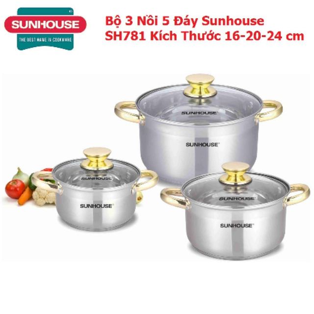 [SHOP GIÁ RẺ] BỘ NỒI INOX SUNHOUSE 5 ĐÁY SH781 GIẢM 70K GIÁ SỐC