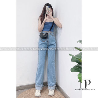 Quần jean nữ ống rộng, quần bò nữ form suông rộng lai gấp rách kiểu - qu054