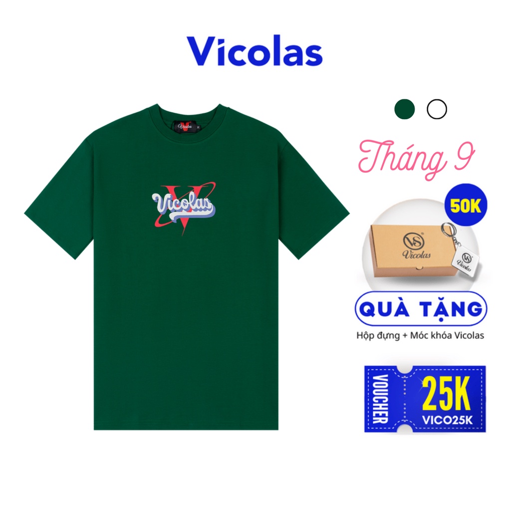 Áo thun unisex vải Cotton co giãn 4 chiều trắng xanh "VICOLAS HOUSE" V VICOLAS
