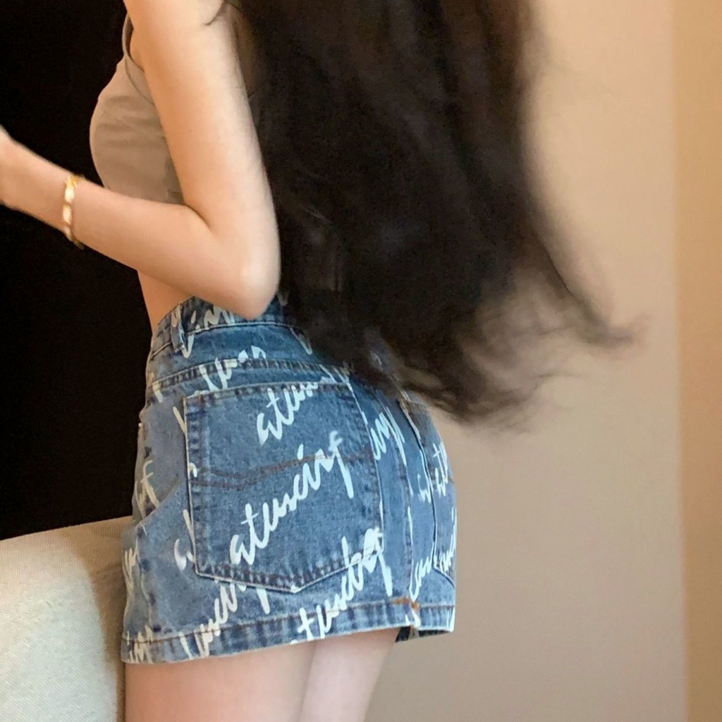 2023 Chân váy denim lưng cao thời trang dành cho phái nữ