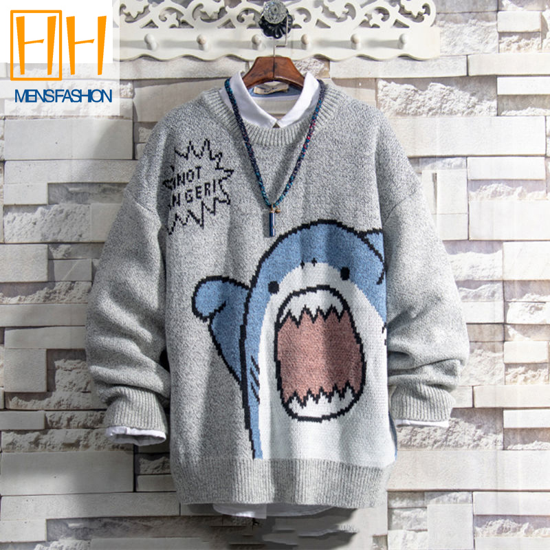 Korean Men's Knit Sweater Cute Shark Round Neck Loose Sweater