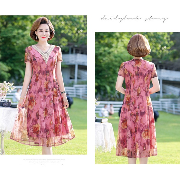 Váy Đầm trung niên nữ cho mẹ phối hoa cao cấp V81a- Áo đầm kiểu thời trang dự tiệc dạ hội đẹp cho người lớn tuổi Bigsize