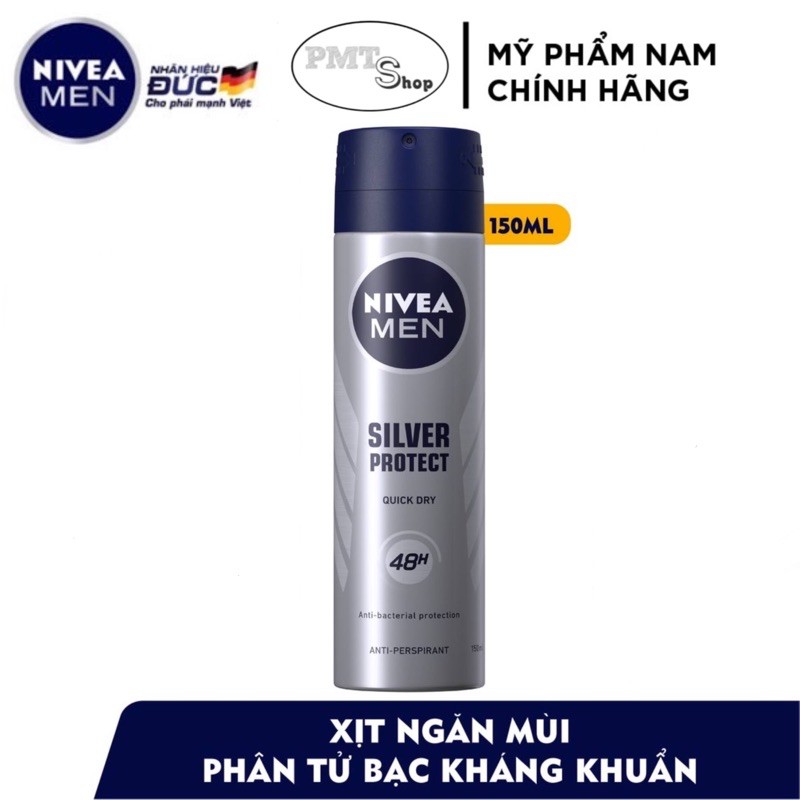 Combo 2 Xịt khử mùi Nivea Men Silver Protect 150ml x 2 chai phân tử bạc Ngăn Khuẩn Gây Mùi Vượt Trội