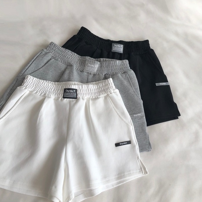 Quần short SUXI thể thao lưng cao ống rộng màu trơn in chữ đơn giản thời trang mùa hè cho nữ