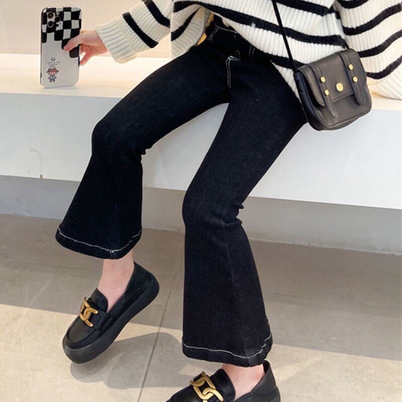 Quần jeans bò dài ống loe lưng thun sành điệu cho bé gái từ 10-24kg