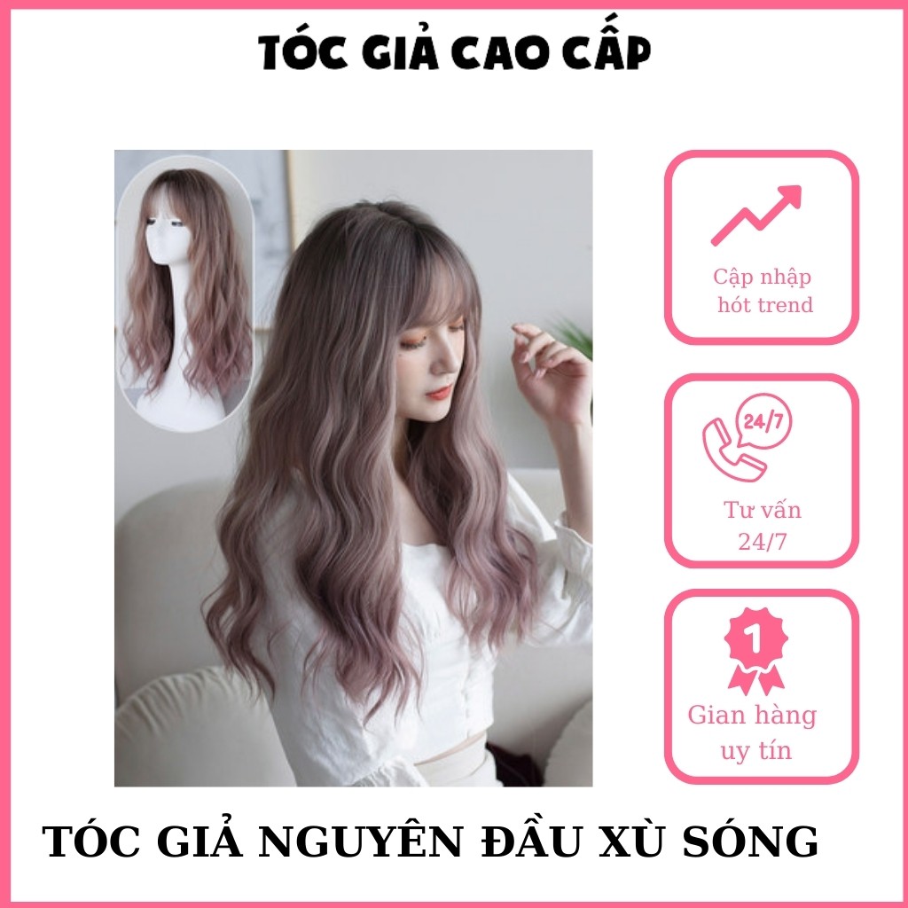 Tóc giả nguyên đầu xù dợn sóng màu hồng khói, c8184, tặng kèm lưới trùm tóc