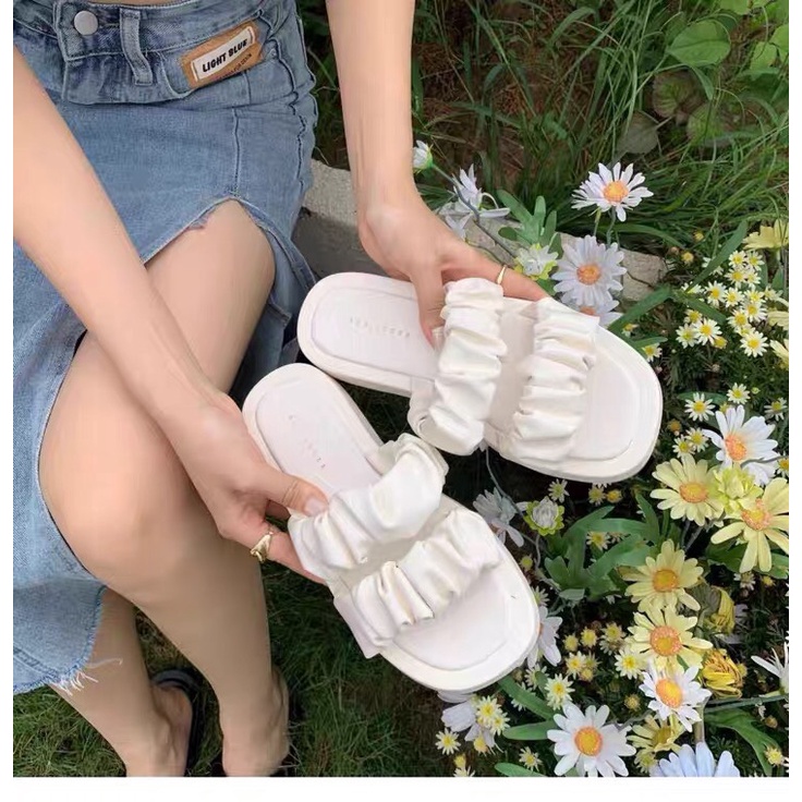 Dép quai ngang nữ , dép lê nữ đế xuồng bánh mì độn siêu nhẹ, quai nhún phồng thiết kế trẻ trung phong cách ulzzang