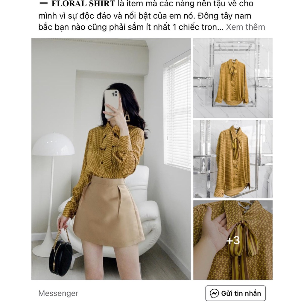 ✨BÁN SỈ✨Sơ mi lụa  vàng họa tiết kèm khăn lụa