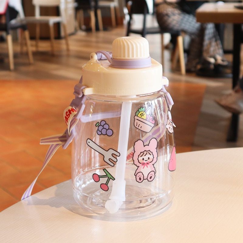 Bình Nước 1l❤️FREESHIP❤️Ly nước cute Dung Tích 1lít/1000ml Kèm Dây Đeo Và Sticker Đáng Yêu (tuyển sỉ).