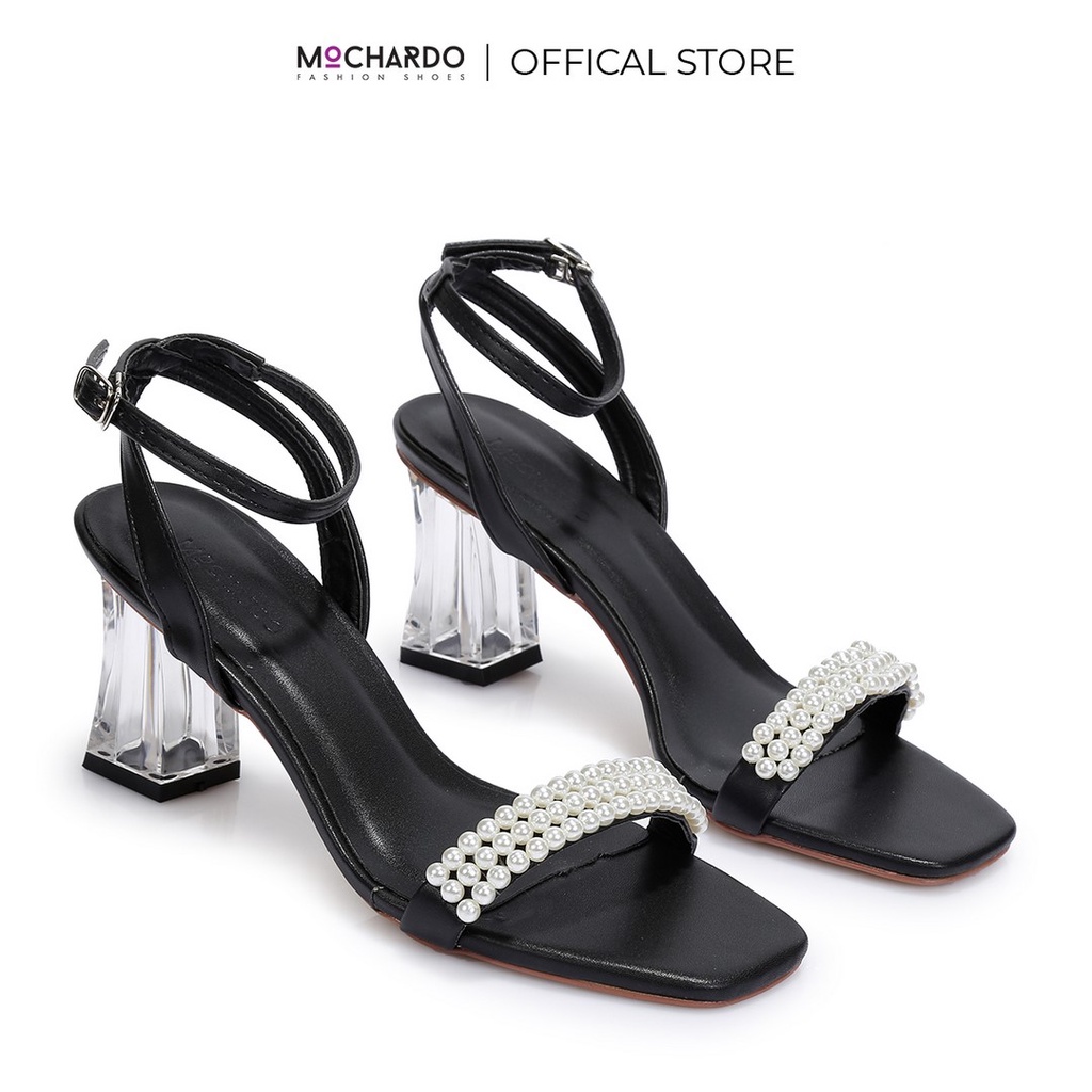 Sandal cao gót trụ mica quai ngang ngọc nhí EL.16 - Cao 6cm - Mochardo
