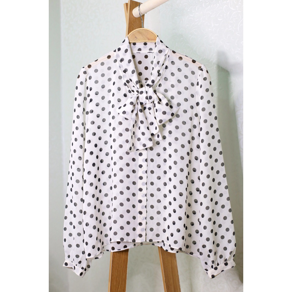 Áo sơ mi vintage Nhật nữ secondhand chấm bi đen trên nền trắng cổ phối nơ