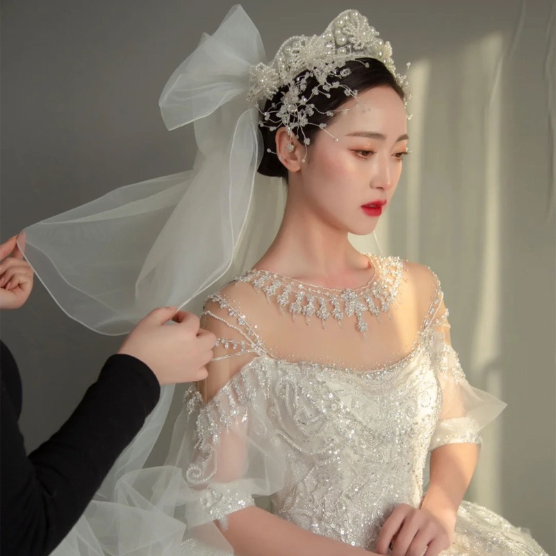 Mạng Che Mặt Bằng Vải Tuyn Màu Trắng Đính Hoa Và Ngọc Trai Cho Cô Dâu