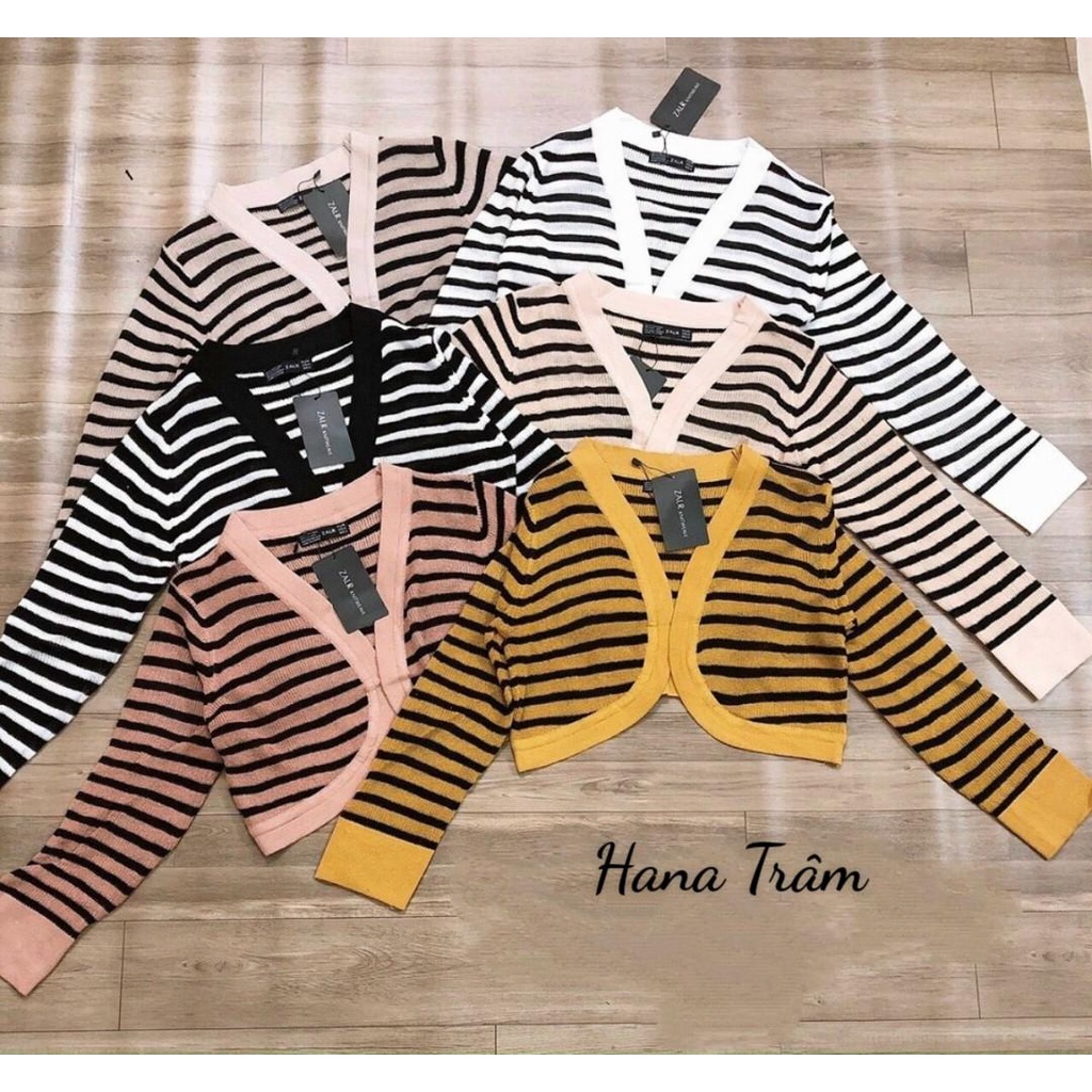 Áo khoác len nữ kẻ sọc tay dài dáng lửng