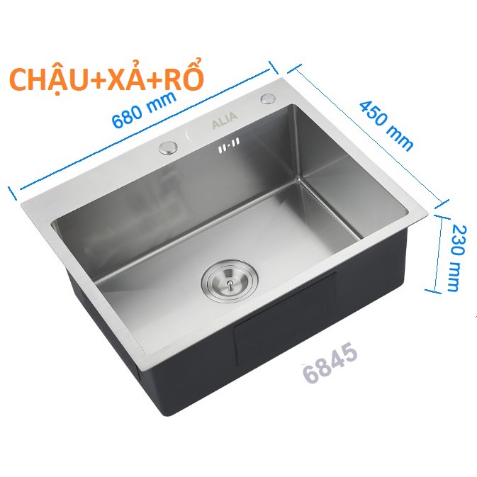 (CHẬU ĐƠN SIZE TO 68x45cm) Chậu Rửa Chén Bát INOX SUS 304 N18 6845 NA.GRAND và bộ xả chậu thoát nước tặng Rổ Đa Năng