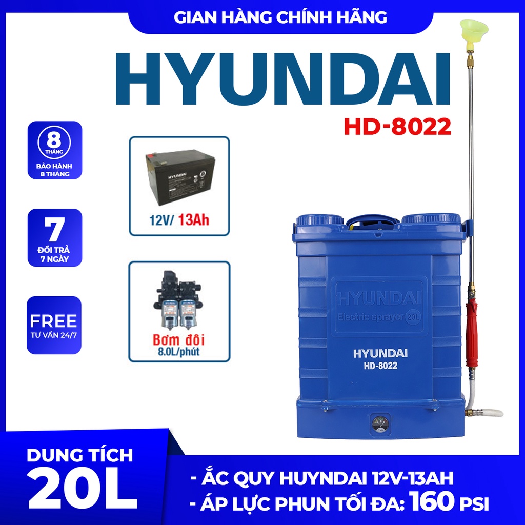 Bình xịt điện HYUNDAI HD-8022 | Dung tích 20L | Ắc quy 13AH | Bơm đôi HD-888 | Áp lực phun 180PSI | Bảo hành 8 tháng