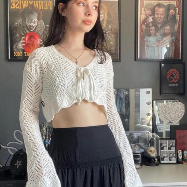 Áo Thun Đan Móc Kiểu Cardigan Cổ Điển Tay Loe Màu Trắng Buộc Dây Cho Nữ Linglongxi2-Chic Y2K Fairycore
