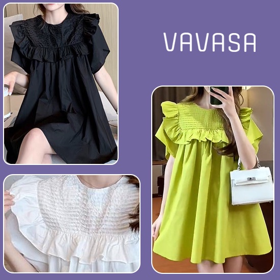 Váy babydoll bèo vai xếp li ngang ren ngực dáng ngắn giấu quần VAVASA V18