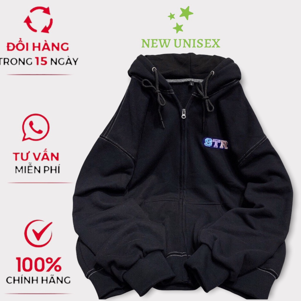 Áo khoác hoodie nữ nỉ bông dày form rộng chỉ viền unisex khoá zip thêu STR TP [NewUnisex]