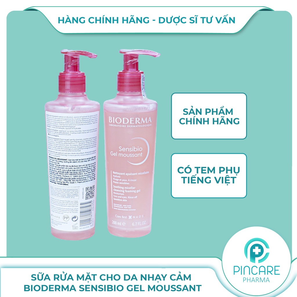 Sữa rửa mặt cho da nhaỵ cảm Bioderma Sensibio Gel Moussant (hồng) 200ml - Có bill chính hãng - Nhà thuốc PinCare