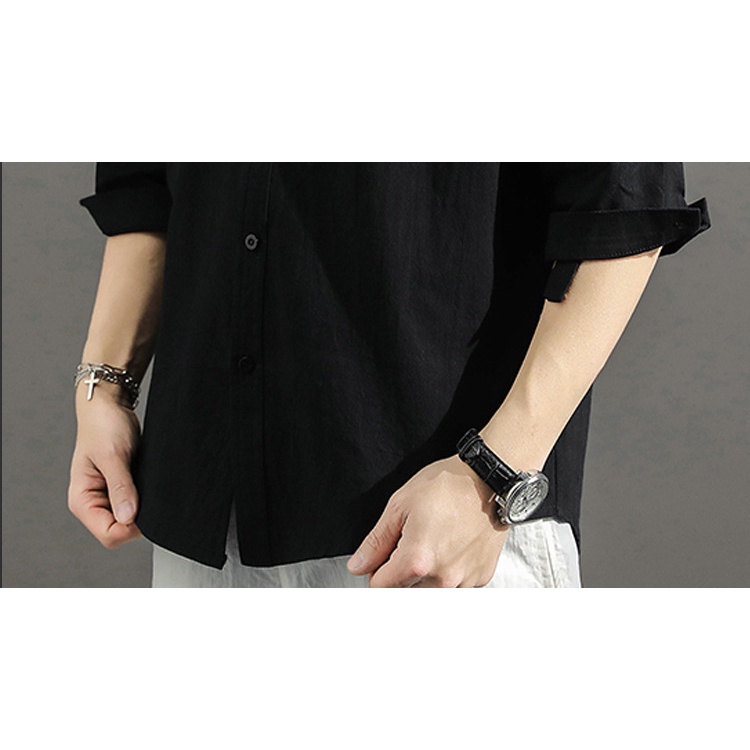 Áo Sơ Mi Lanh Tay Lửng Cổ Đứng Dáng Rộng Phong Cách Trung Hoa Cho Nam