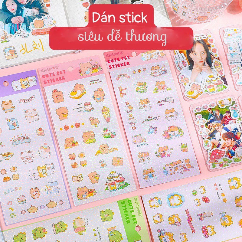 Miếng Dán Sticker Có Phủ Kim Tuyến , tấm dán sticker nhiều kiểu xinh xắn giá rẻ