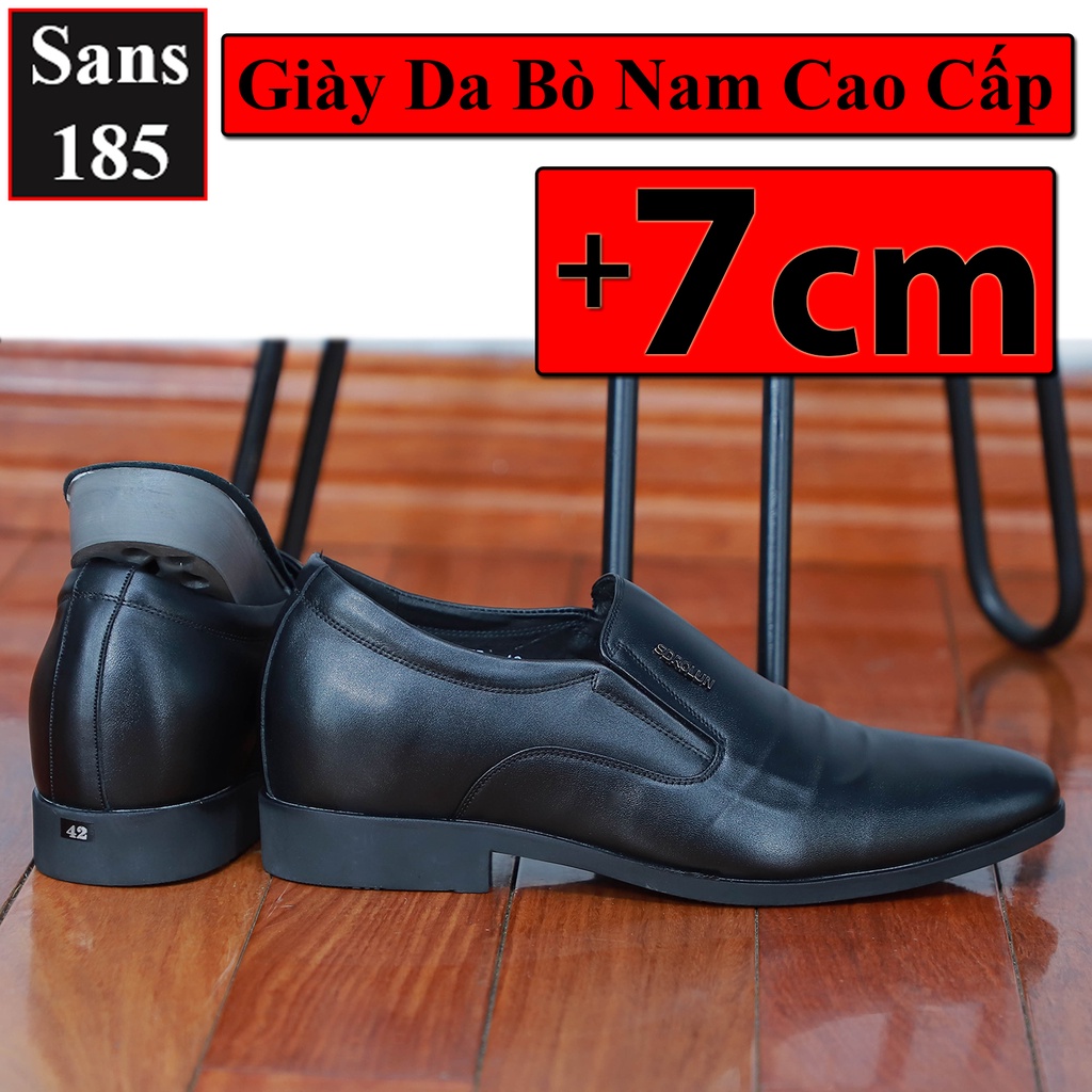 Giày nam da bò thật tăng chiều cao 7cm Sans185 giầy tây lười công sở độn đế cao cấp đen đẹp hàn quốc chú rể mặc vest