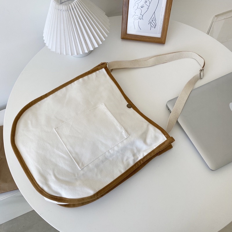 Túi tote đeo chéo viền nâu Vintage Hàn Quốc (có sẵn, hình thật)